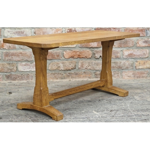 679 - Cotswold school style oak side table with chamfered supports, H 43cm x W 90cm x D 38cm