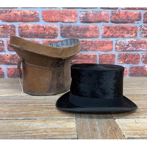 723 - Antique Edwardian Tress & Co, for Tom Gillies, silk top hat in original brown leather case