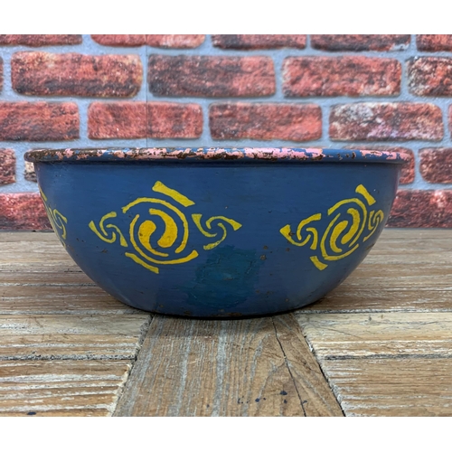 728 - Large metal hand painted blue and yellow rustic bowl, H 13cm x D 37cm