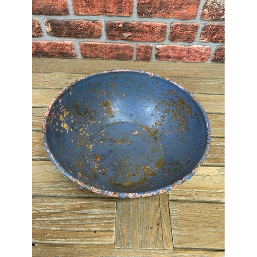 728 - Large metal hand painted blue and yellow rustic bowl, H 13cm x D 37cm