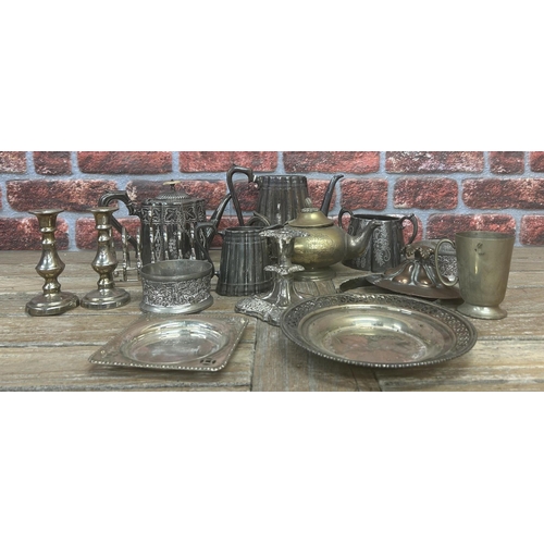 24 - Mixed quantity of antique silver plate to include tea pots, toast rack and candlesticks (one box)