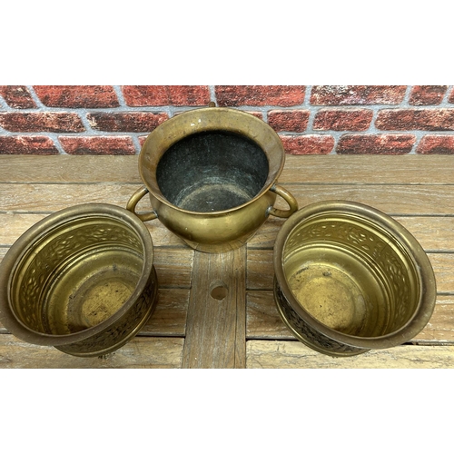 37 - Quantity of brass planters to include three handled example (3)