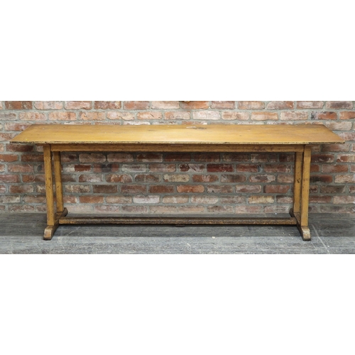 1003 - Heals style refectory table with chamfered legs, H 77cm x W 244cm x D 76cm