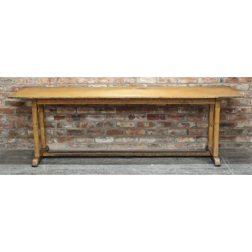 1003 - Heals style refectory table with chamfered legs, H 77cm x W 244cm x D 76cm