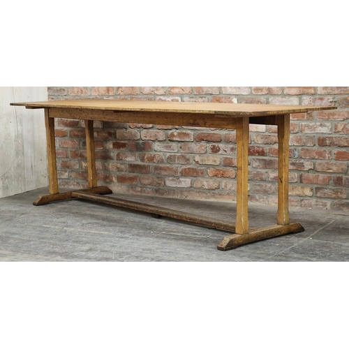 1003 - Heals style refectory table with chamfered legs, H 77cm x W 244cm x D 76cm