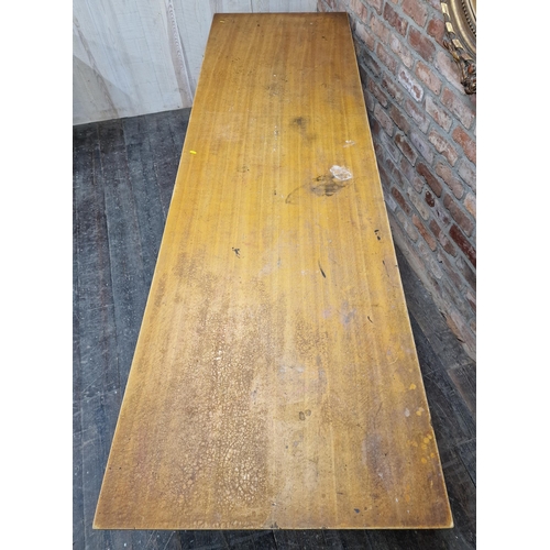 1003 - Heals style refectory table with chamfered legs, H 77cm x W 244cm x D 76cm