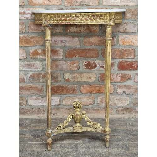 1007 - French giltwood console table with marble top, H 88cm x W 60cm x D 30cm