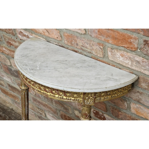 1007 - French giltwood console table with marble top, H 88cm x W 60cm x D 30cm