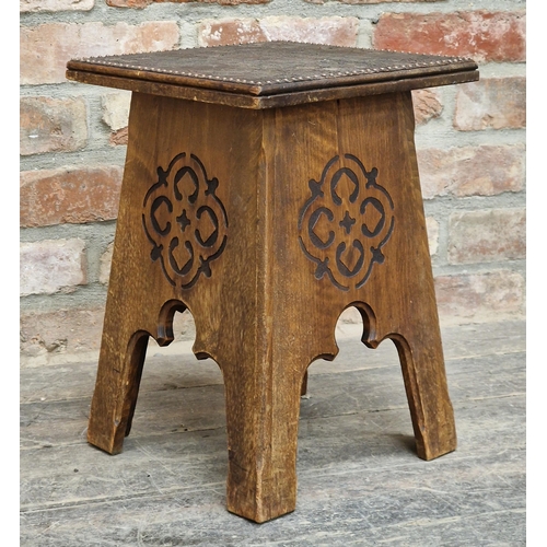 1014 - Arts and Crafts stool with foliate leather top, H 42cm x W 30cm x D 30cm