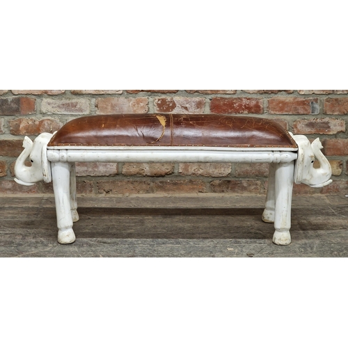 1015 - Contemporary carved elephant stool with studded leather top, H 41cm x W 115cm x D 31cm