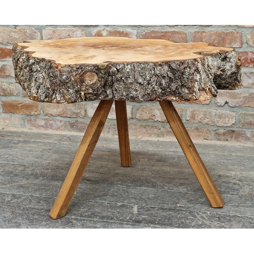 1020 - Rustic log slice side table with tripod supports, H 53cm x W 82cm