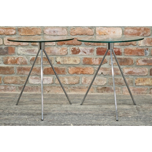 1038 - Pair of contemporary tripod side tables with circular glass tops, H 57cm x 50cm diameter (2)