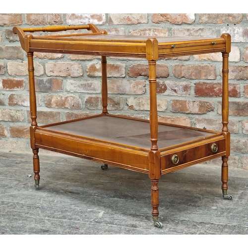 1040 - 20th century yew wood two tier drinks trolley with brush slide and single drawer, H 70cm x W 86cm x ... 