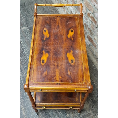 1040 - 20th century yew wood two tier drinks trolley with brush slide and single drawer, H 70cm x W 86cm x ... 