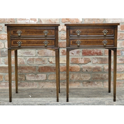 1055 - Pair of 20th century inlaid burr wood bedside tables, H 72cm x W 48cm x D 33cm (2)