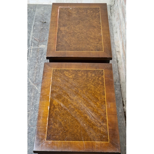 1055 - Pair of 20th century inlaid burr wood bedside tables, H 72cm x W 48cm x D 33cm (2)