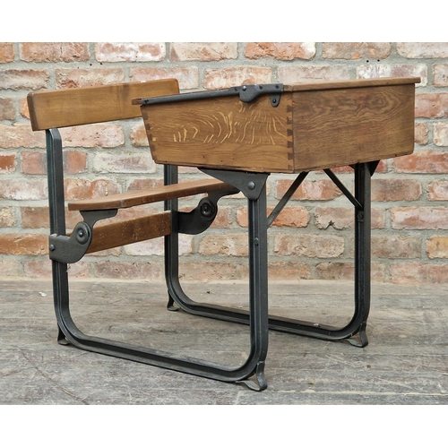 1060 - Vintage school desk with hinged top and folding seat, H 70cm x W 83cm x D 57cm