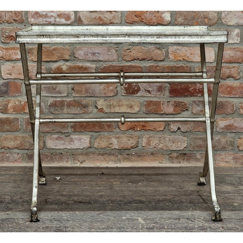 1062 - Decorative painted iron table with X frame and glass top, H 75cm x W 80cm x D 50cm