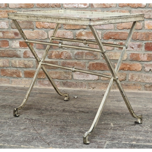 1062 - Decorative painted iron table with X frame and glass top, H 75cm x W 80cm x D 50cm