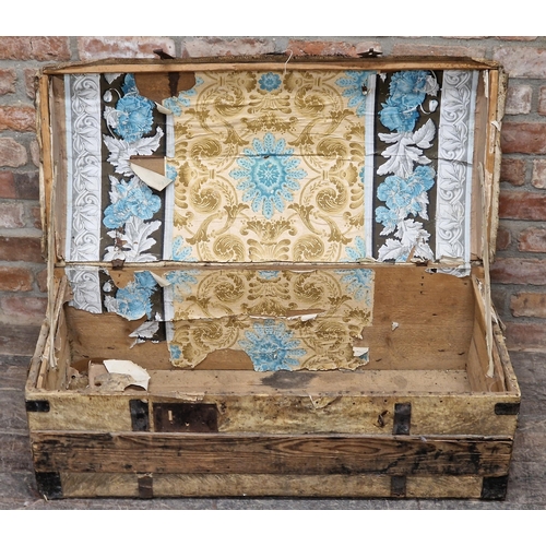 1063 - Antique pony skin domed top trunk with iron banding and handles, H 42cm x W 102cm x D 47cm