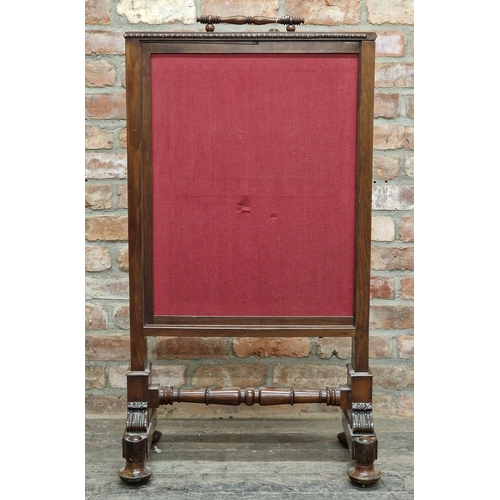 1080 - 19h century mahogany pull out fire screen with turned supports, H 115cm x W 61cm x D 37cm