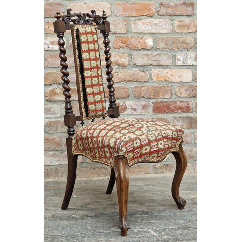 1081 - Victorian mahogany upholstered prayer chair with barley twist supports and cabriole forelegs, H 91cm