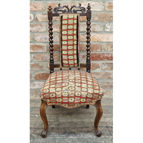 1081 - Victorian mahogany upholstered prayer chair with barley twist supports and cabriole forelegs, H 91cm