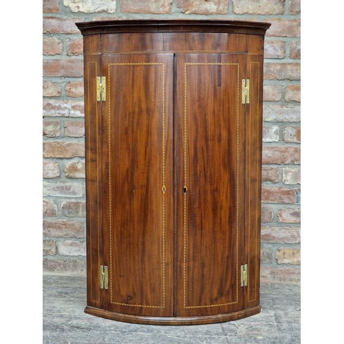 1084 - 19th century inlaid mahogany bow front corner cupboard, H 110cm x W 72cm x D 48cm