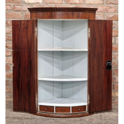 1084 - 19th century inlaid mahogany bow front corner cupboard, H 110cm x W 72cm x D 48cm