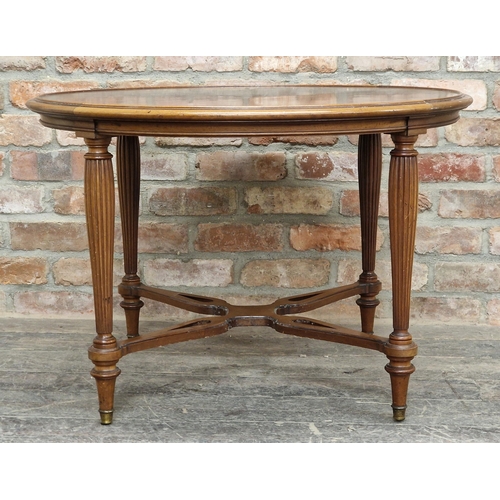 1085 - Edwardian mahogany circular centre table with burr wood inlay to top, H 60cm x w 90cm