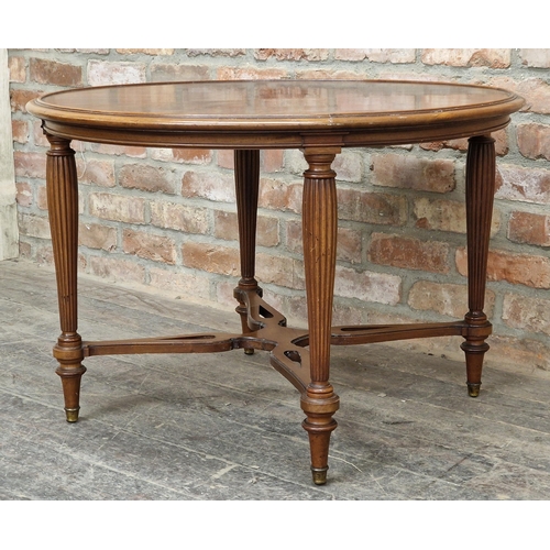 1085 - Edwardian mahogany circular centre table with burr wood inlay to top, H 60cm x w 90cm