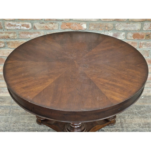 1086 - Contemporary mahogany centre table with turned baluster column, H 76cm x W 102cm