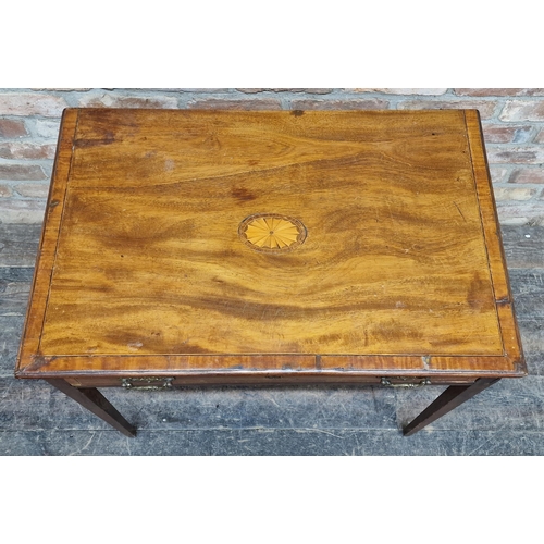 1090 - 19th century inlaid mahogany side table with central motif to top, H 70cm x W 77cm x D 50cm