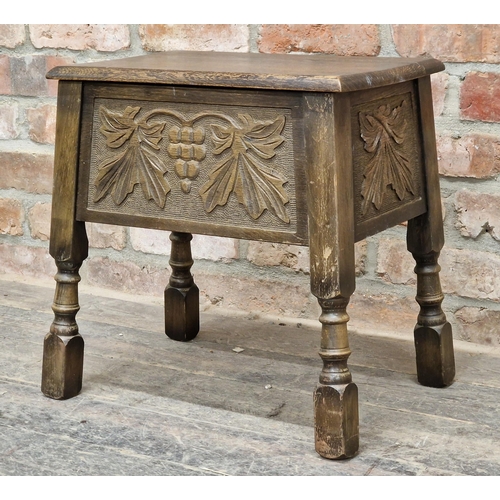 1092 - Reproduction sewing box with carved detail, H 46cm x W 45cm x D 29cm