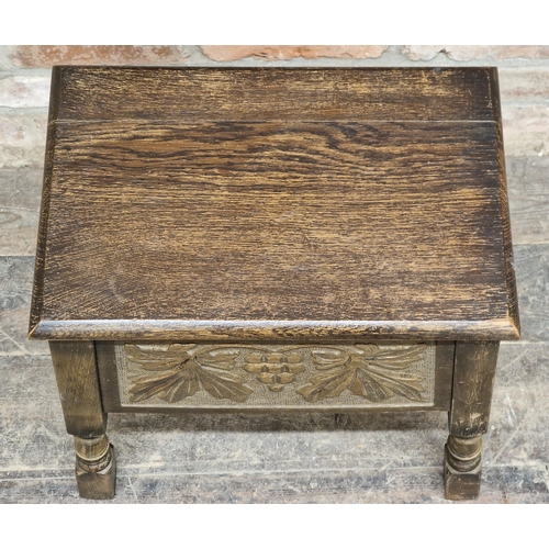 1092 - Reproduction sewing box with carved detail, H 46cm x W 45cm x D 29cm