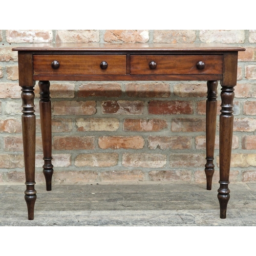 1093 - Victorian mahogany two drawer side table raised on turned supports, H 72cm x W 91cm x D 49cm