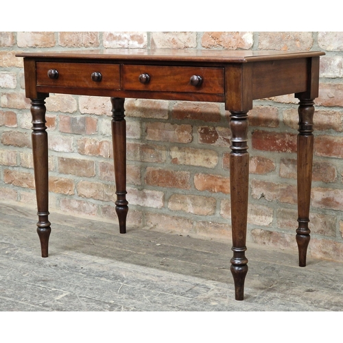 1093 - Victorian mahogany two drawer side table raised on turned supports, H 72cm x W 91cm x D 49cm