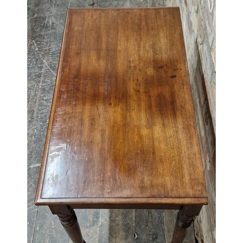 1093 - Victorian mahogany two drawer side table raised on turned supports, H 72cm x W 91cm x D 49cm