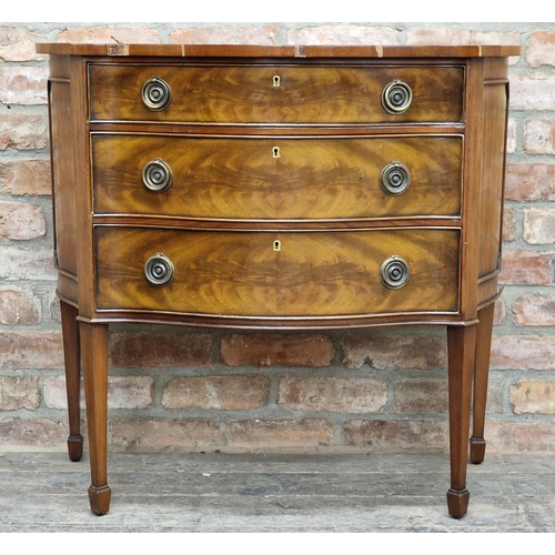 1094 - Reproduction serpentine commode with three drawers raised on tapered supports by Brights Of Nettlebe... 