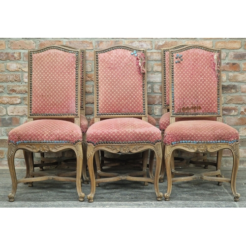 1101 - Set of six antique French upholstered dining chairs with carved detail, raised on cabriole supports,... 