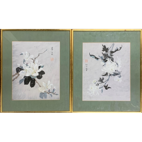 3065 - Pair of Chinese floral rice paper paintings, signed, 50cm x 45cm (2)