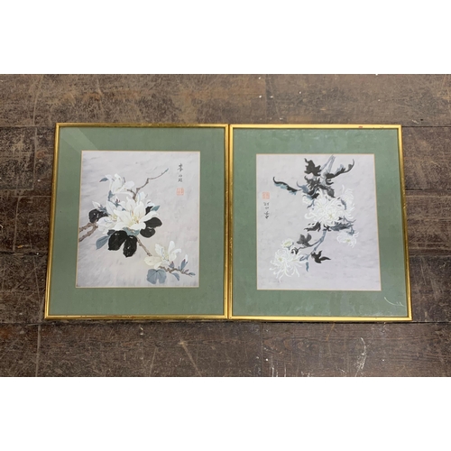 3065 - Pair of Chinese floral rice paper paintings, signed, 50cm x 45cm (2)