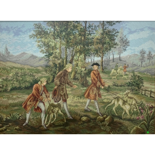 3071 - Hand stitched tapestry of hunting dog scene, 84cm x 58cm, framed