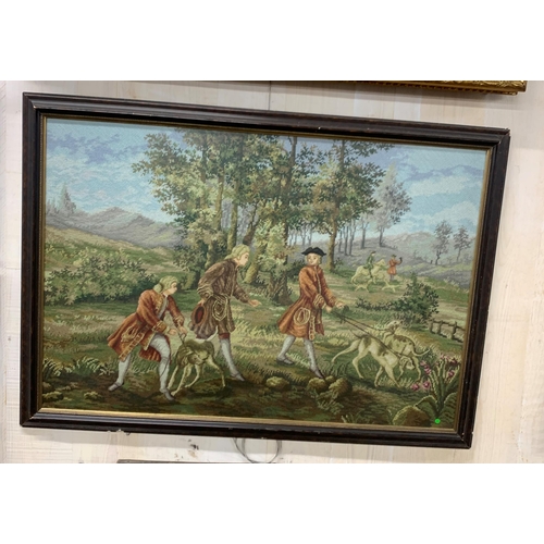 3071 - Hand stitched tapestry of hunting dog scene, 84cm x 58cm, framed