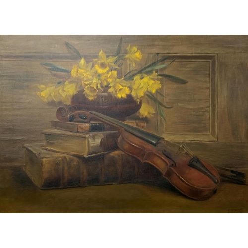 3073 - Frederick T. Pedrick (British, exh.1915-16) - violin and daffodil still life, signed, oil on canvas,... 