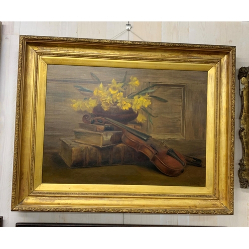 3073 - Frederick T. Pedrick (British, exh.1915-16) - violin and daffodil still life, signed, oil on canvas,... 