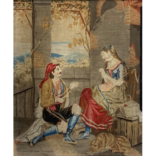 3093 - Antique tapestry of a romantic scene, 66 x 55cm, framed