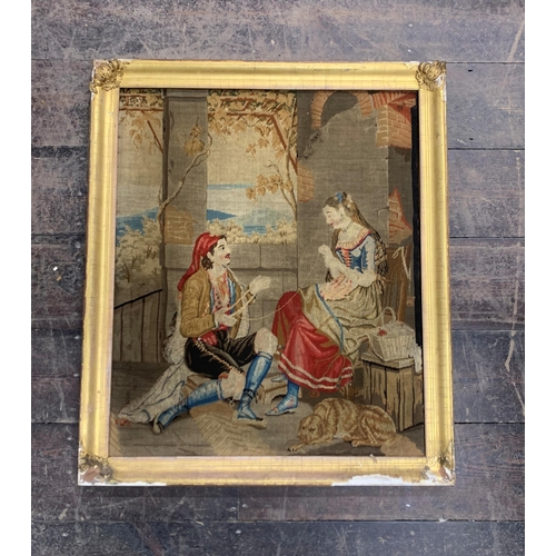 3093 - Antique tapestry of a romantic scene, 66 x 55cm, framed