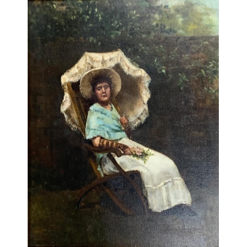 3098 - Early 20th century school - Portrait of a lady sat under a parasol, unsigned, oil on canvas, 44 x 34... 