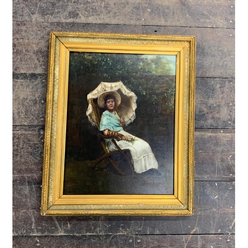 3098 - Early 20th century school - Portrait of a lady sat under a parasol, unsigned, oil on canvas, 44 x 34... 